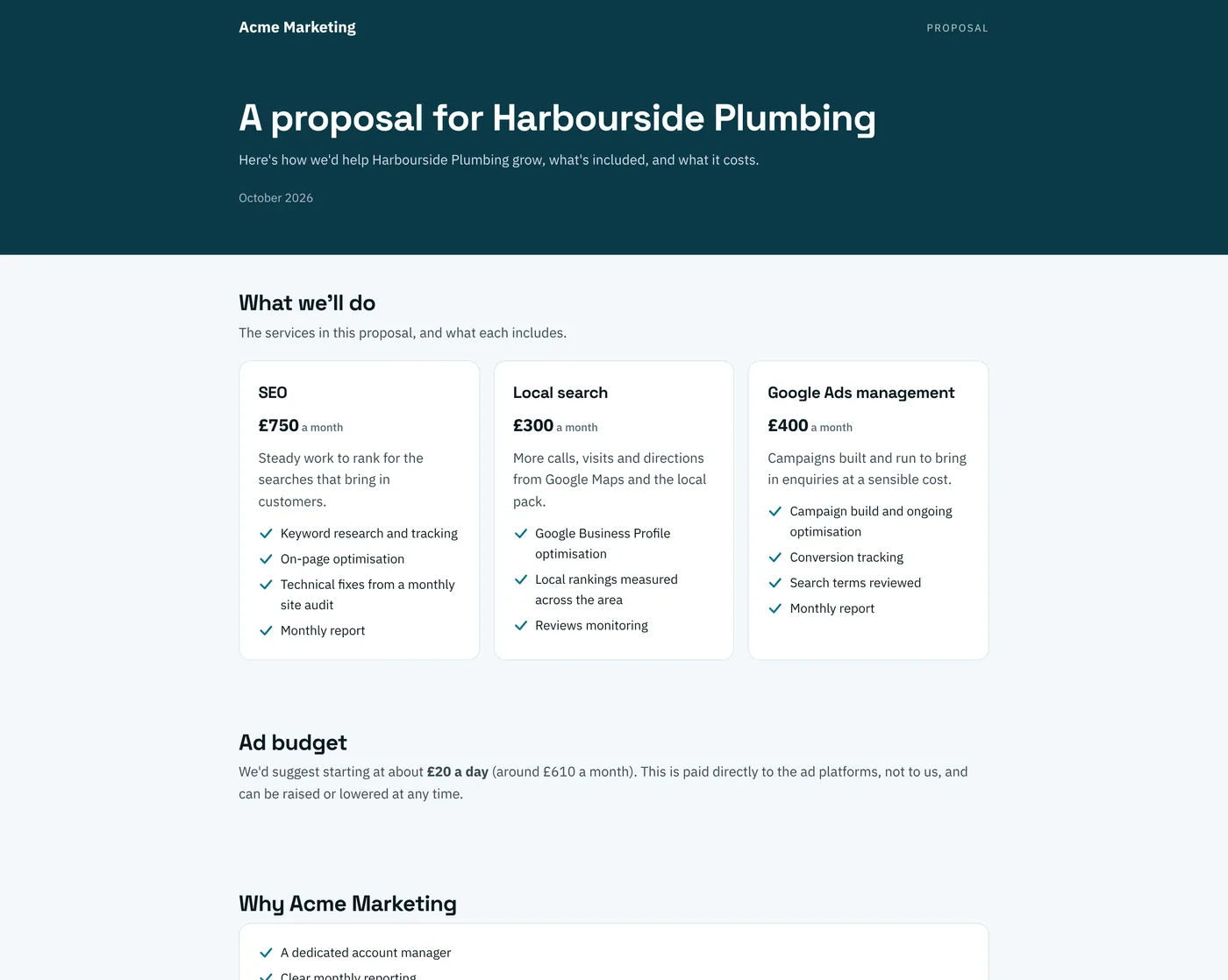 A proposal for a plumbing business, built from the agency’s price list: SEO, local search and Google Ads management with monthly prices.