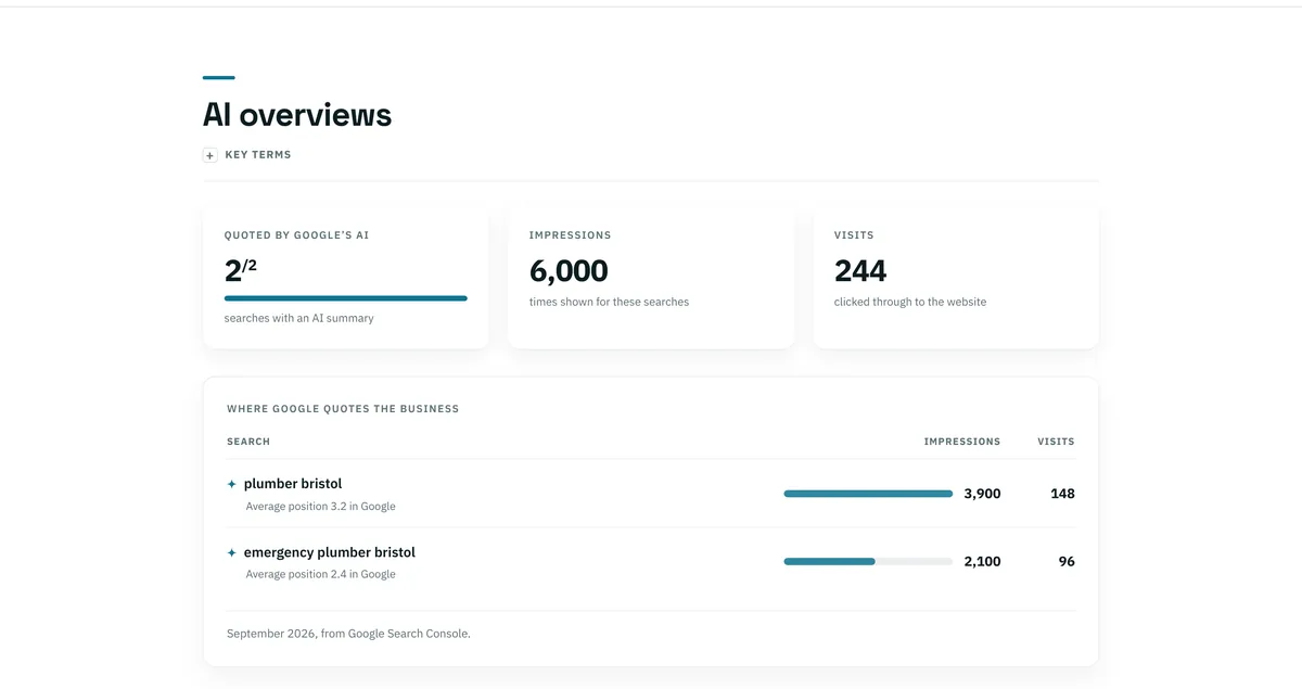 The AI overviews section of a report: quoted by Google’s AI on two of two searches with an AI summary.